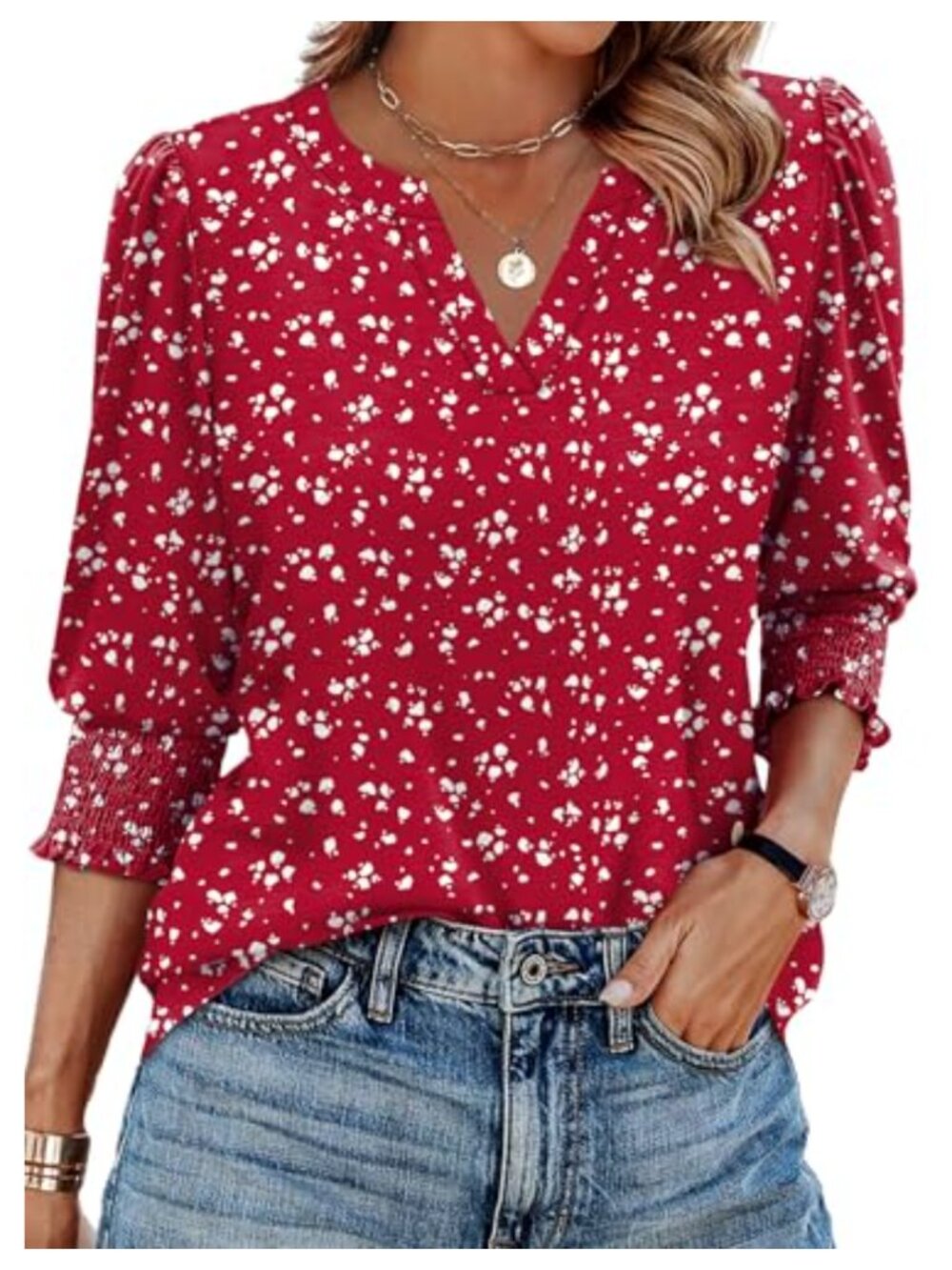 Women's V Neck 3/4 Sleeve Smocked Cuff Tunic Blouse - Polyester Spandex